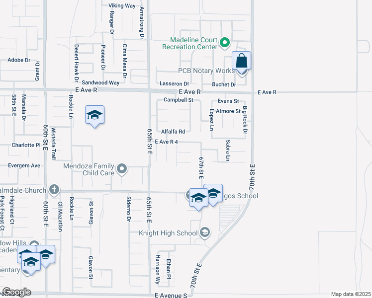 map of restaurants, bars, coffee shops, grocery stores, and more near 6625 Avenue De Camino in Palmdale
