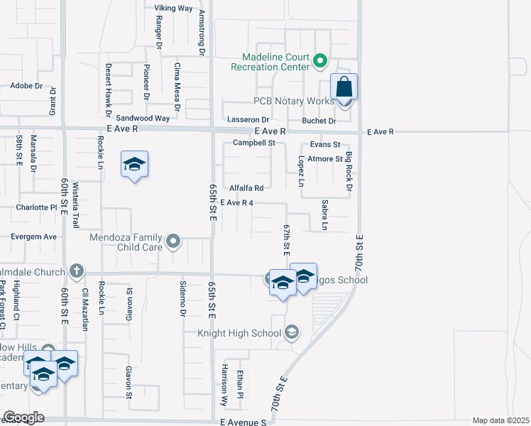 map of restaurants, bars, coffee shops, grocery stores, and more near 6625 Avenue De Camino in Palmdale