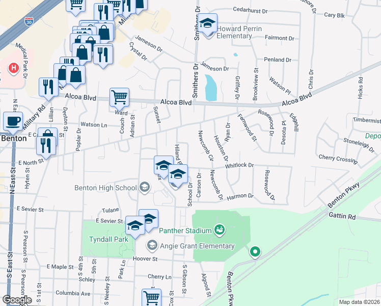 map of restaurants, bars, coffee shops, grocery stores, and more near 18 Hiland Place in Benton