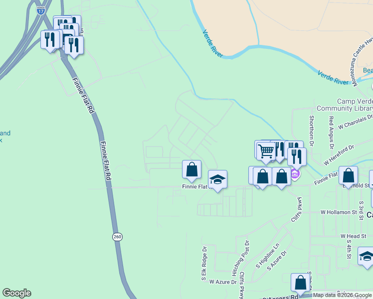 map of restaurants, bars, coffee shops, grocery stores, and more near Wilson Road South in Camp Verde