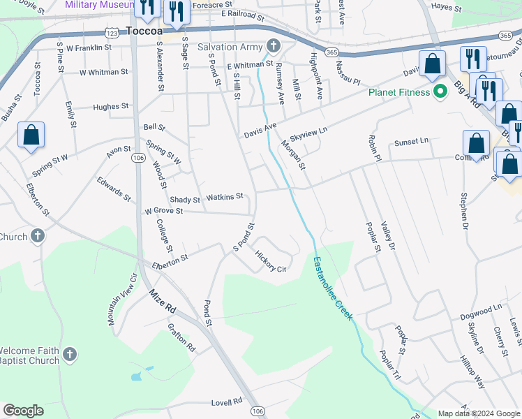 map of restaurants, bars, coffee shops, grocery stores, and more near 655 South Pond Street in Toccoa