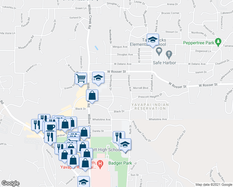 map of restaurants, bars, coffee shops, grocery stores, and more near 1503 Northside Drive in Prescott