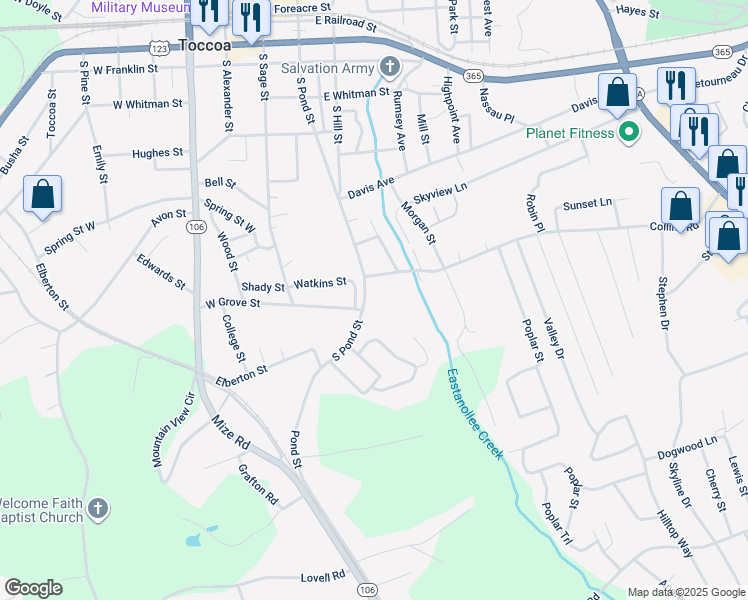 map of restaurants, bars, coffee shops, grocery stores, and more near 655 South Pond Street in Toccoa