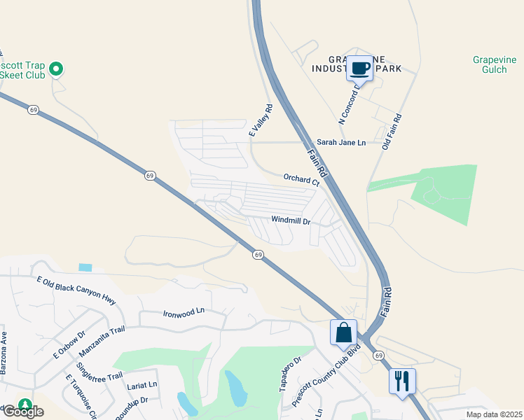 map of restaurants, bars, coffee shops, grocery stores, and more near Wolf Way in Prescott Valley