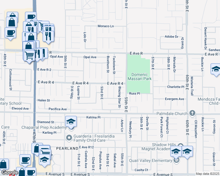 map of restaurants, bars, coffee shops, grocery stores, and more near 37742 Boxthorn Street in Palmdale