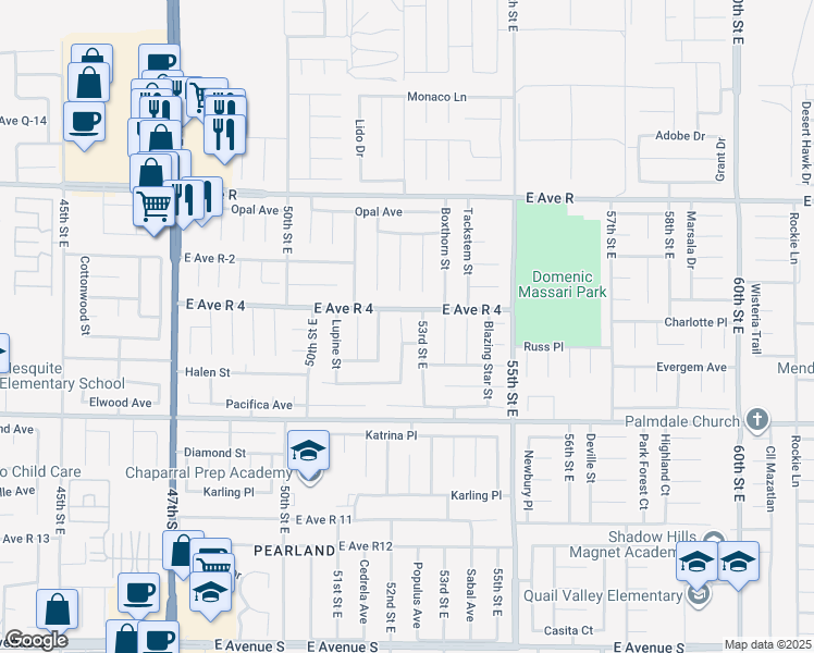 map of restaurants, bars, coffee shops, grocery stores, and more near 37750 52nd Street East in Palmdale