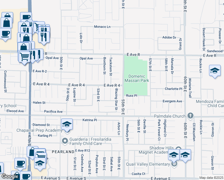 map of restaurants, bars, coffee shops, grocery stores, and more near 37740 Tackstem Street in Palmdale