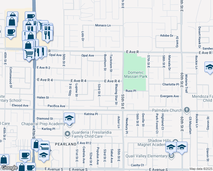 map of restaurants, bars, coffee shops, grocery stores, and more near 37742 Boxthorn Street in Palmdale