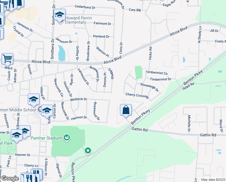 map of restaurants, bars, coffee shops, grocery stores, and more near 705 Edgehill in Benton