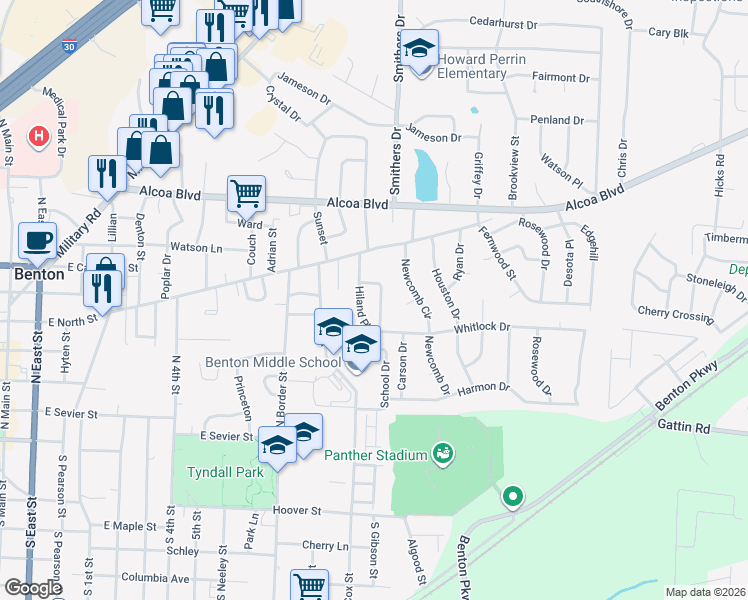 map of restaurants, bars, coffee shops, grocery stores, and more near 18 Hiland Place in Benton