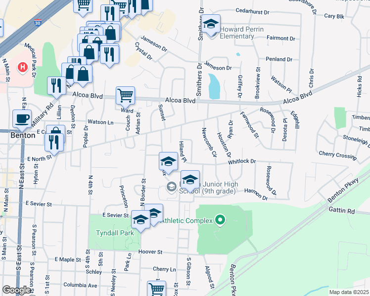 map of restaurants, bars, coffee shops, grocery stores, and more near 18 Hiland Place in Benton