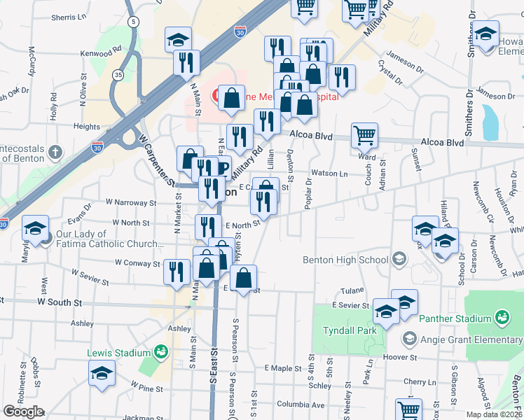 map of restaurants, bars, coffee shops, grocery stores, and more near 607 Gertrude in Benton