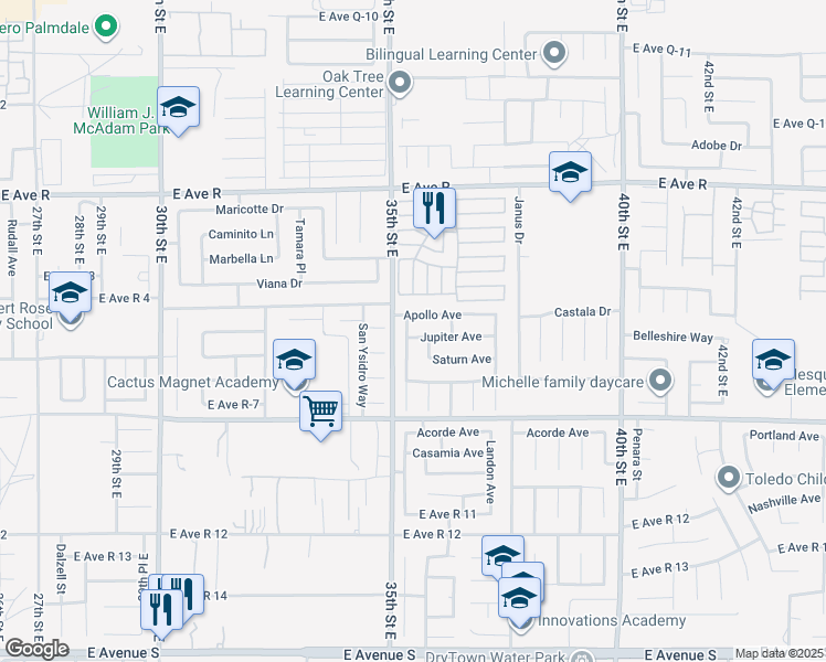 map of restaurants, bars, coffee shops, grocery stores, and more near 3519 Jupiter Avenue in Palmdale