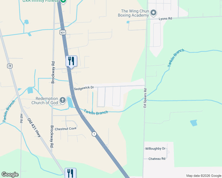 map of restaurants, bars, coffee shops, grocery stores, and more near 165 Sedgewick Drive in Owens Cross Roads