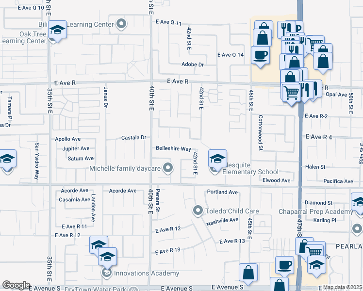 map of restaurants, bars, coffee shops, grocery stores, and more near 4051 Belleshire Way in Palmdale