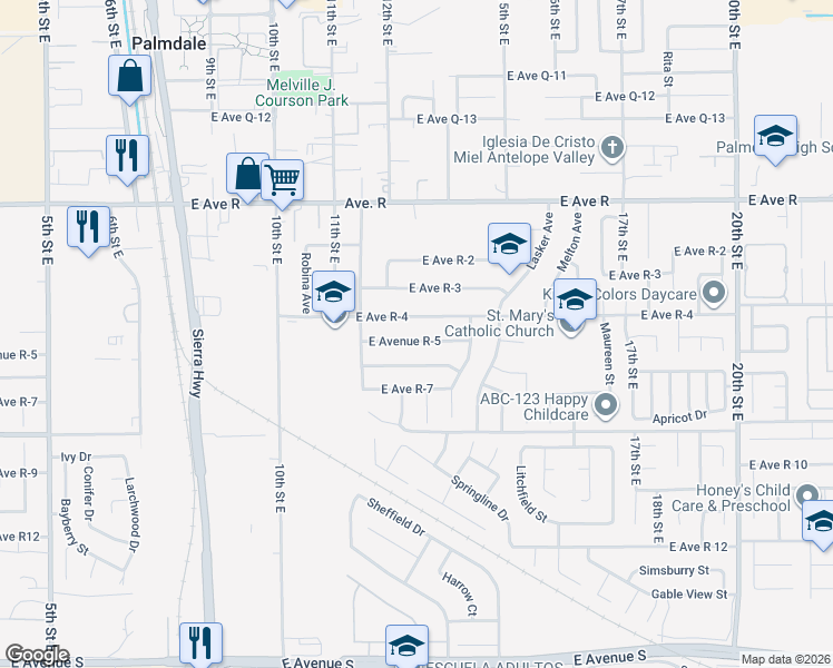 map of restaurants, bars, coffee shops, grocery stores, and more near 1229 East Avenue R-5 in Palmdale
