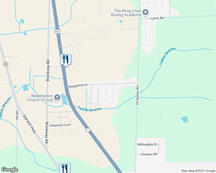 map of restaurants, bars, coffee shops, grocery stores, and more near 165 Sedgewick Drive in Owens Cross Roads