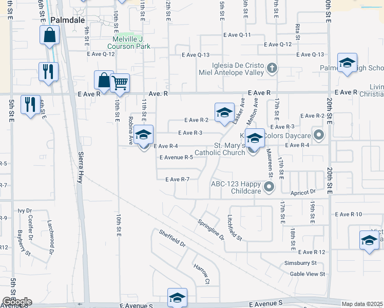 map of restaurants, bars, coffee shops, grocery stores, and more near 1253 East Avenue R-5 in Palmdale