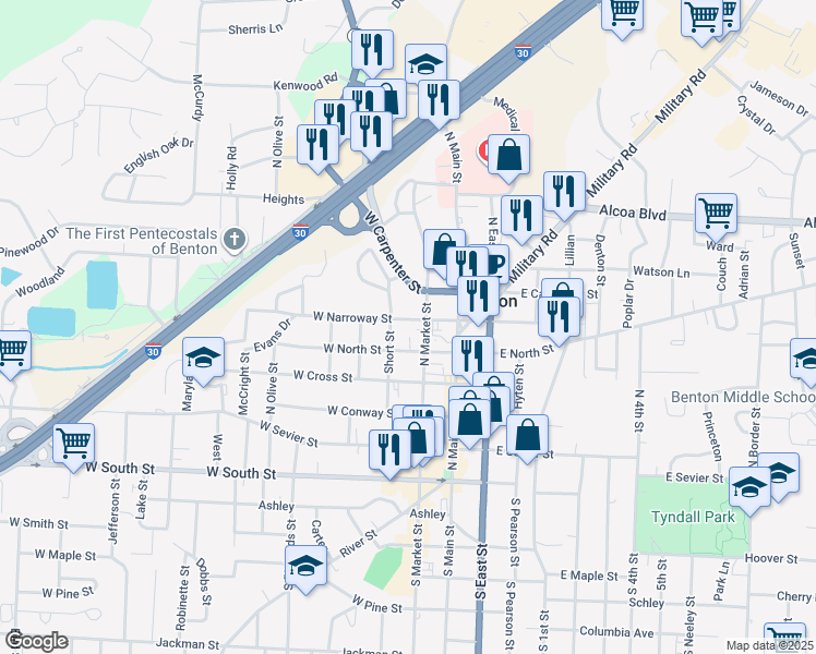 map of restaurants, bars, coffee shops, grocery stores, and more near 214 West Narroway Street in Benton