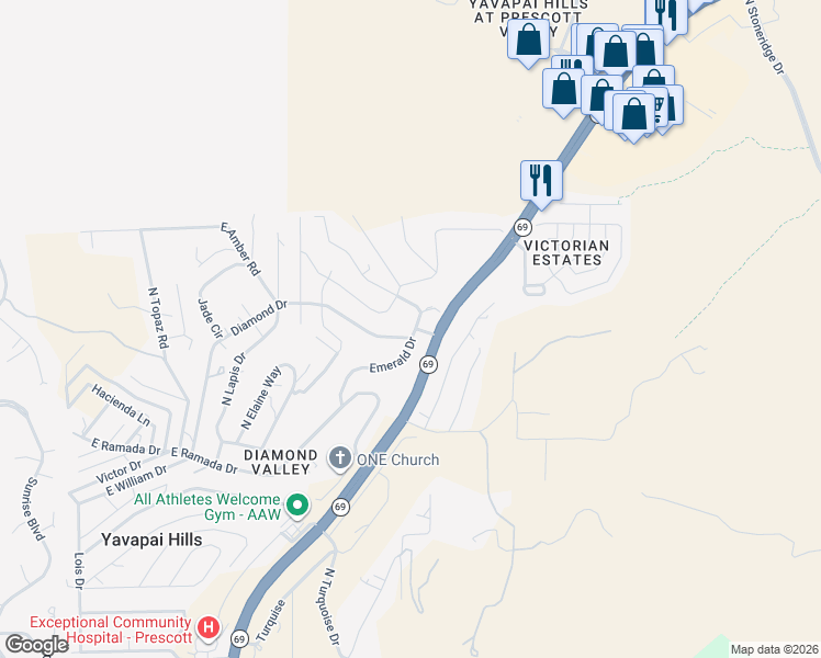 map of restaurants, bars, coffee shops, grocery stores, and more near 5191 East Sapphire Drive in Prescott