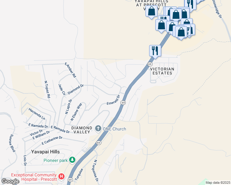 map of restaurants, bars, coffee shops, grocery stores, and more near 5191 East Sapphire Drive in Prescott