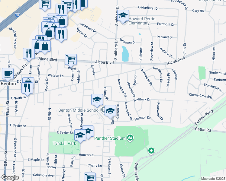 map of restaurants, bars, coffee shops, grocery stores, and more near 18 Hiland Place in Benton