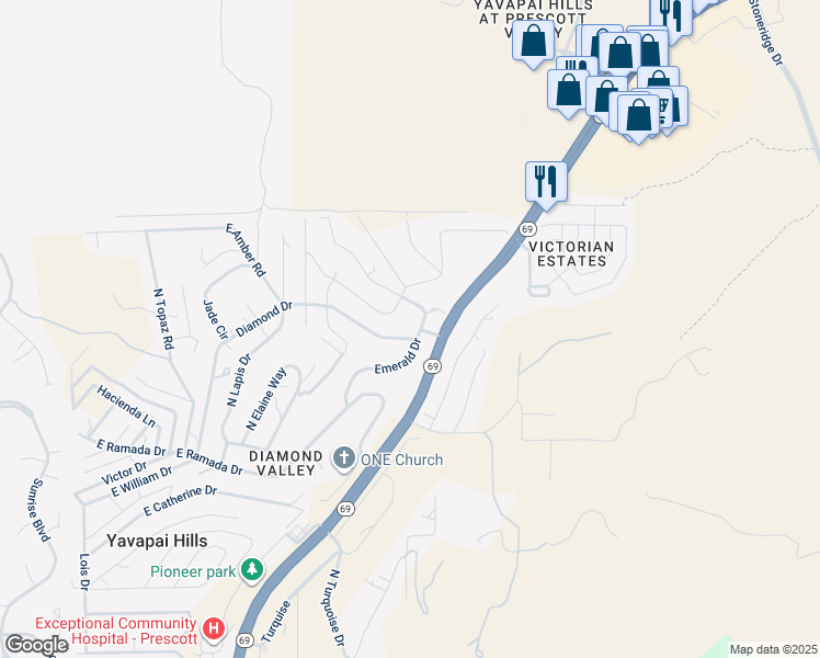 map of restaurants, bars, coffee shops, grocery stores, and more near 5280 East Diamond Drive in Prescott