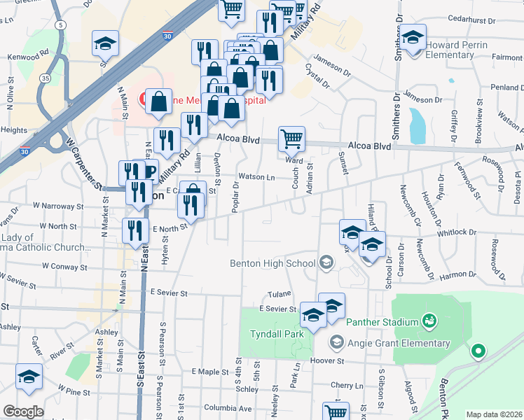 map of restaurants, bars, coffee shops, grocery stores, and more near 721 East North Street in Benton