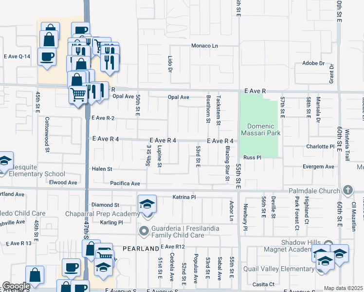 map of restaurants, bars, coffee shops, grocery stores, and more near 37748 Sweetbrush Street in Palmdale