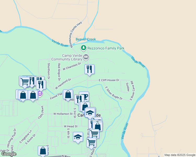 map of restaurants, bars, coffee shops, grocery stores, and more near 65 Zellner Lane in Camp Verde