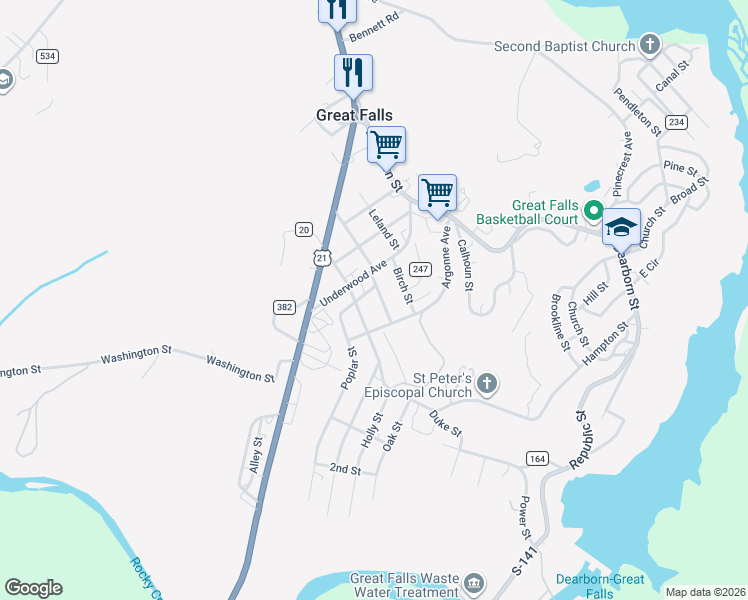 map of restaurants, bars, coffee shops, grocery stores, and more near 5 Maple Street in Great Falls