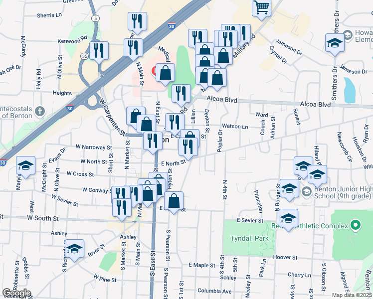 map of restaurants, bars, coffee shops, grocery stores, and more near 607 Gertrude in Benton