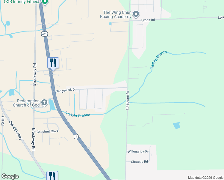 map of restaurants, bars, coffee shops, grocery stores, and more near 215 Sedgewick Drive in Owens Cross Roads
