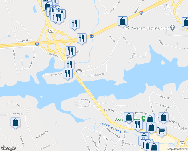 map of restaurants, bars, coffee shops, grocery stores, and more near 400 Lookover Drive in Anderson