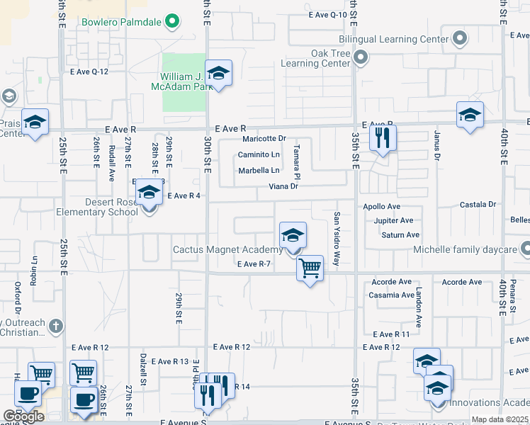 map of restaurants, bars, coffee shops, grocery stores, and more near 3097 East Avenue R-5 in Palmdale