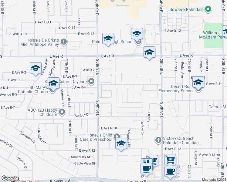 map of restaurants, bars, coffee shops, grocery stores, and more near 37722 Portsmouth Drive in Palmdale