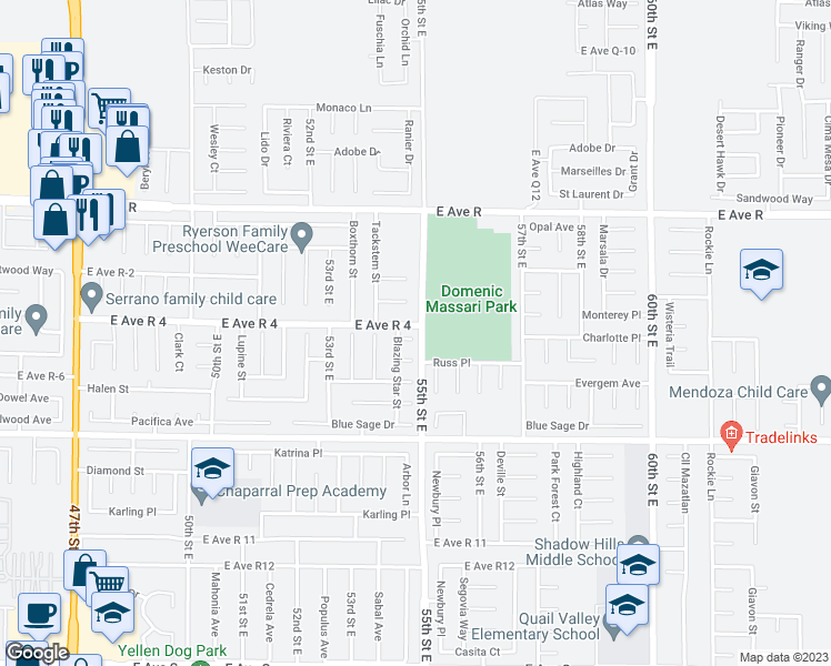 map of restaurants, bars, coffee shops, grocery stores, and more near 5389 Charlotte Place in Palmdale