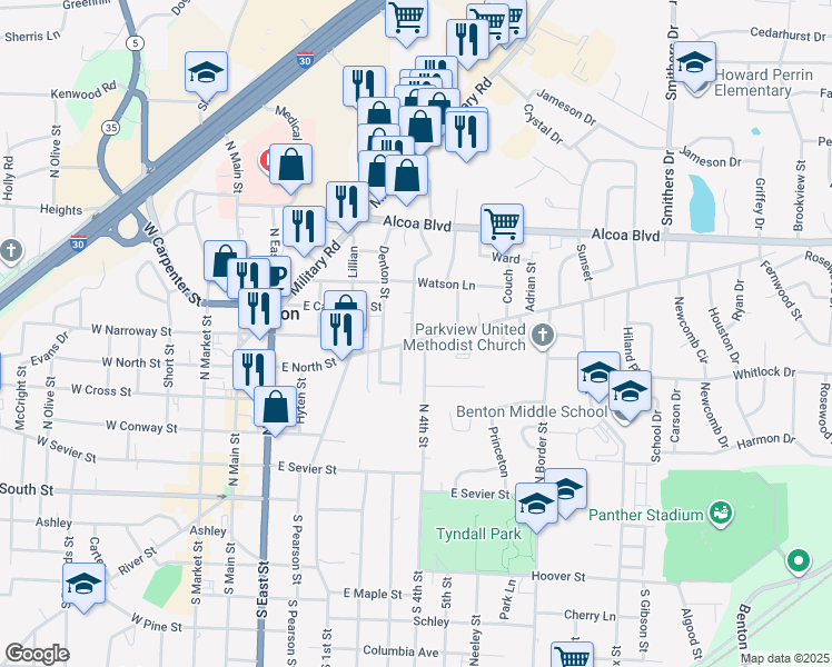 map of restaurants, bars, coffee shops, grocery stores, and more near 704 East North Street in Benton