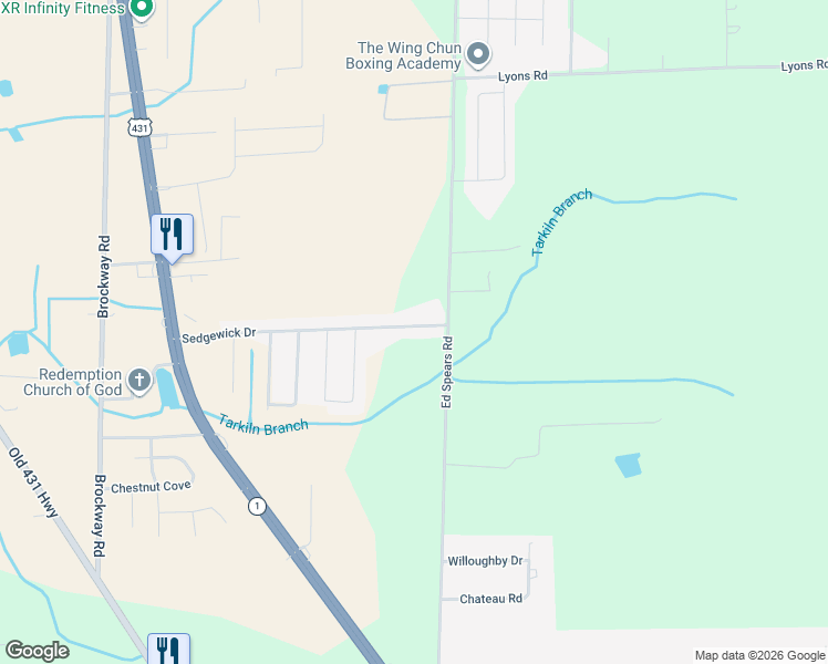 map of restaurants, bars, coffee shops, grocery stores, and more near 215 Sedgewick Drive in Owens Cross Roads