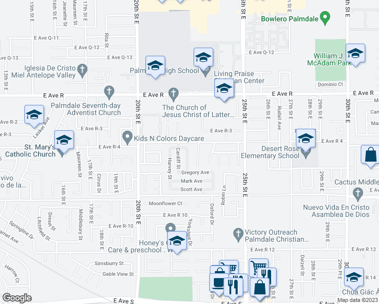 map of restaurants, bars, coffee shops, grocery stores, and more near 37740 Scomar Street in Palmdale