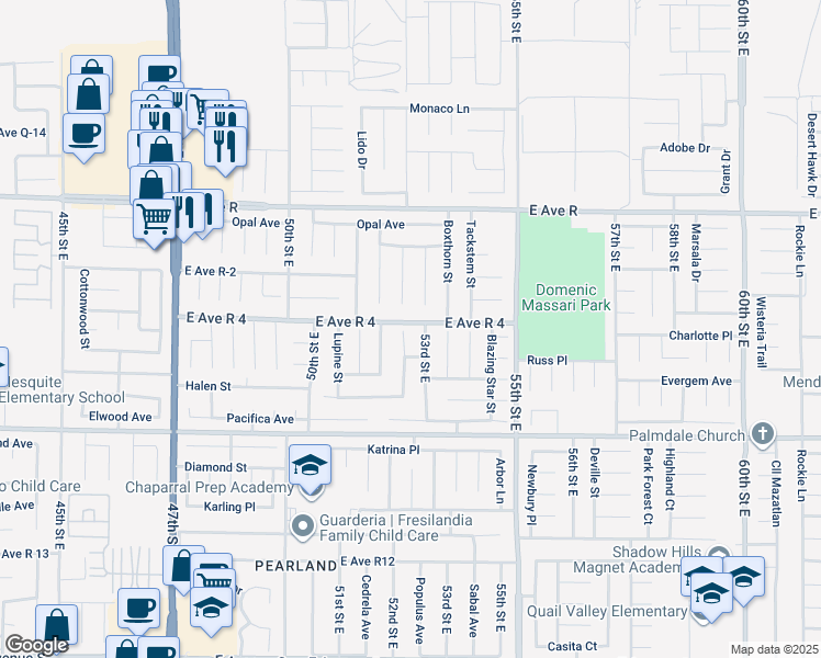 map of restaurants, bars, coffee shops, grocery stores, and more near 37764 52nd Street East in Palmdale