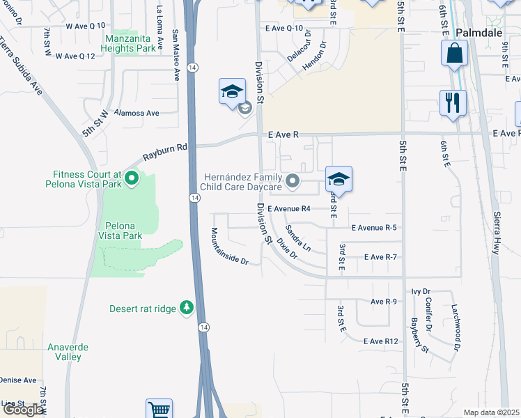 map of restaurants, bars, coffee shops, grocery stores, and more near 2 East Avenue R4 in Palmdale