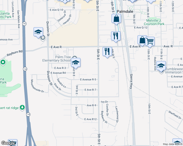 map of restaurants, bars, coffee shops, grocery stores, and more near 405 East Avenue R4 in Palmdale