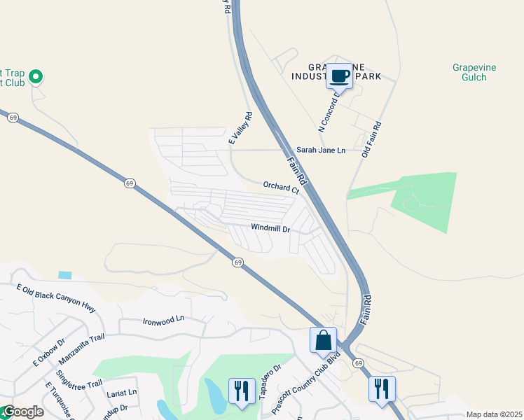 map of restaurants, bars, coffee shops, grocery stores, and more near Wolf Way in Prescott Valley