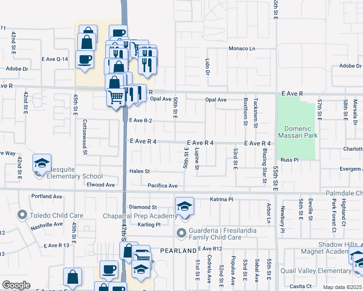 map of restaurants, bars, coffee shops, grocery stores, and more near 5033 East Avenue R 4 in Palmdale