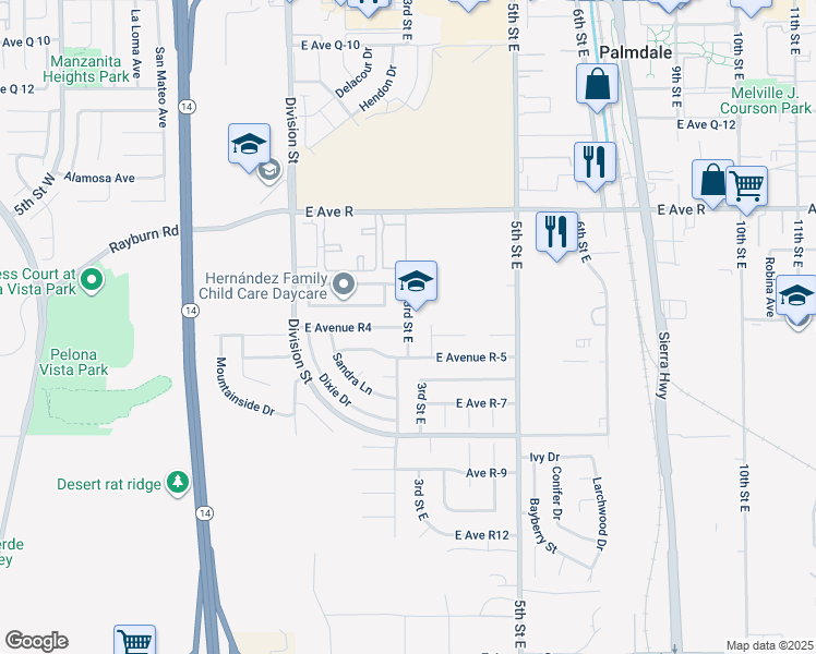 map of restaurants, bars, coffee shops, grocery stores, and more near 2 East Avenue R4 in Palmdale
