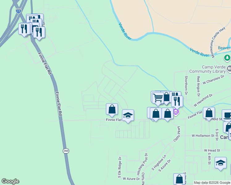 map of restaurants, bars, coffee shops, grocery stores, and more near Wilson Road South in Camp Verde