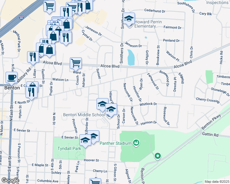 map of restaurants, bars, coffee shops, grocery stores, and more near 18 Hiland Place in Benton