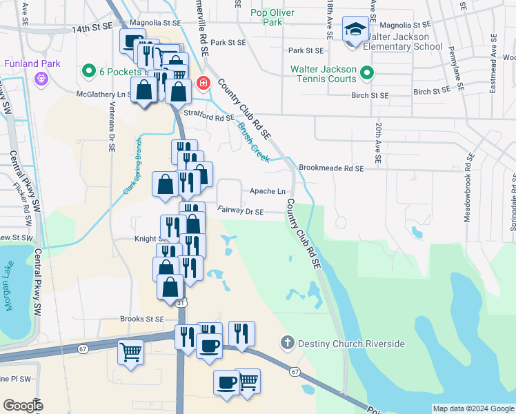 map of restaurants, bars, coffee shops, grocery stores, and more near 1502 Fairway Drive Southeast in Decatur