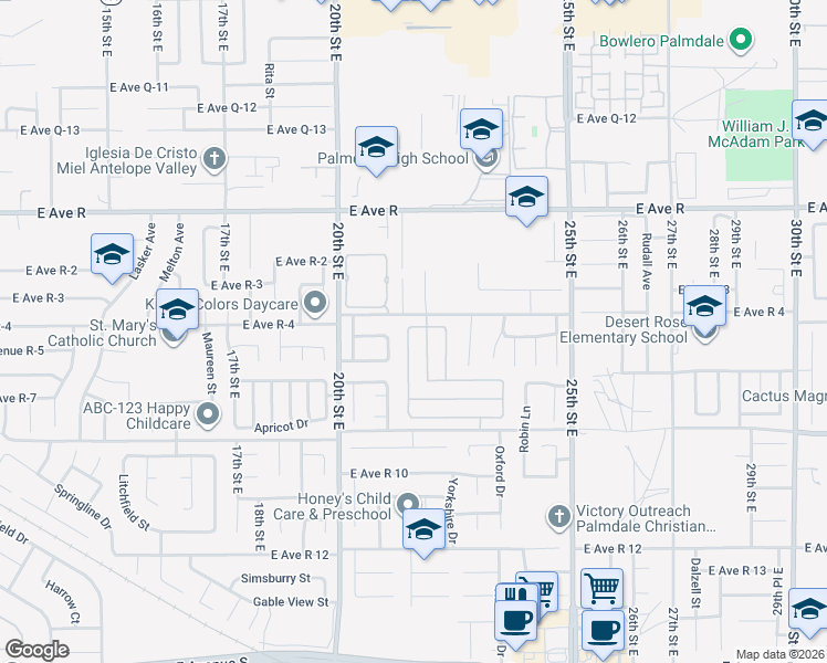 map of restaurants, bars, coffee shops, grocery stores, and more near 37748 Cardiff Street in Palmdale